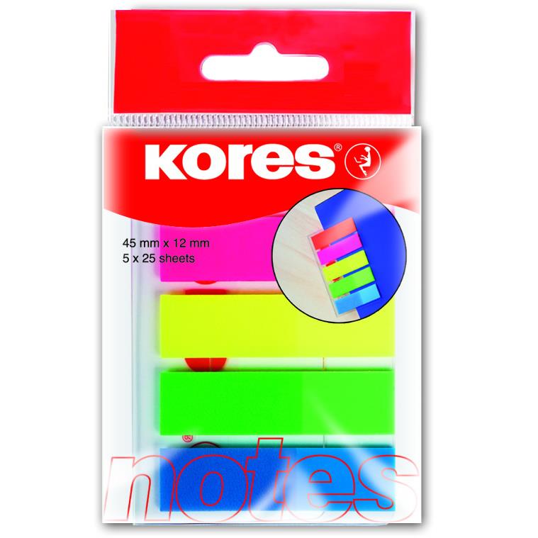 Index autoadeziv plastic Kores, 12 x 45 mm, 5 culori x 25 file/culoare