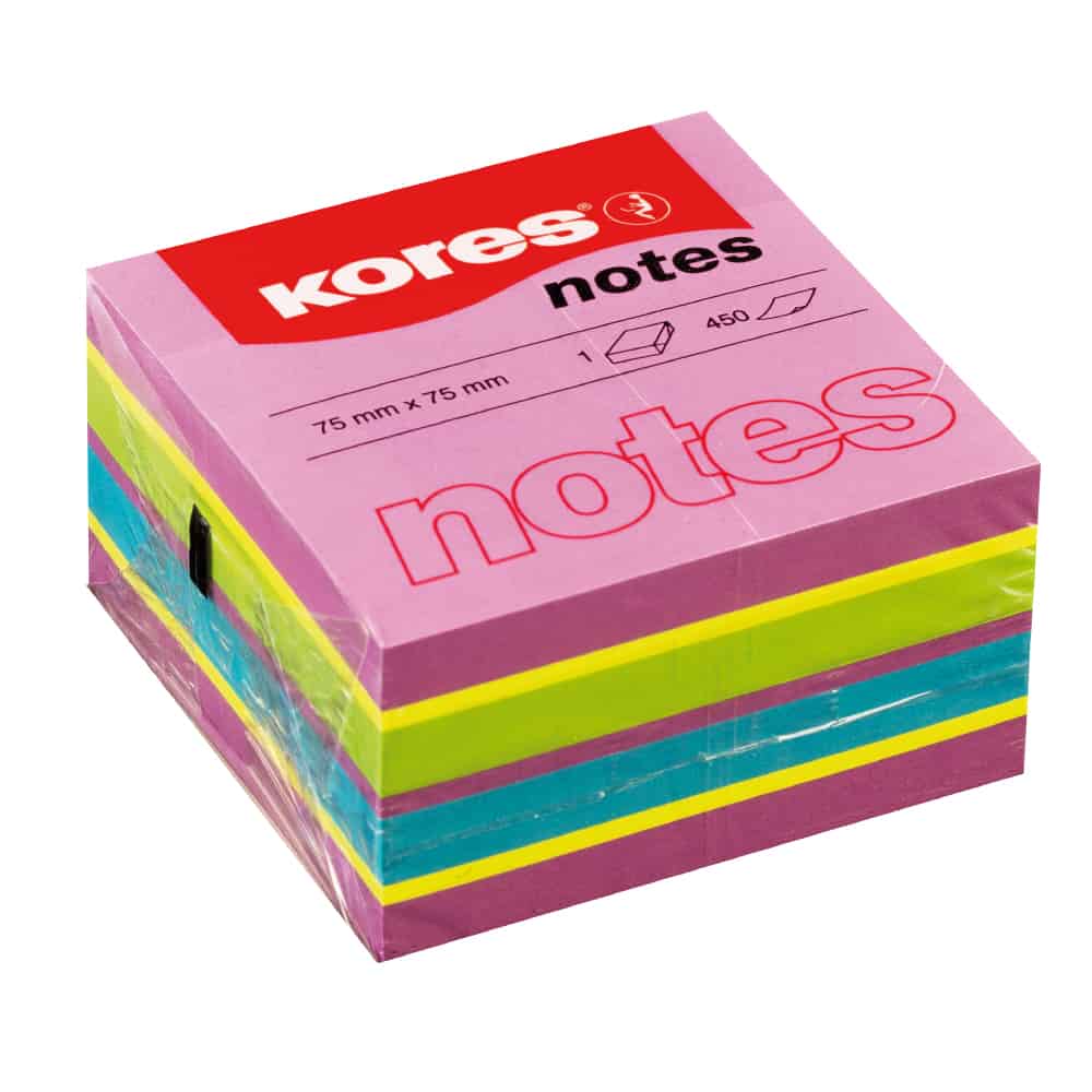 Notes autoadeziv cub, 75x75mm, 450 file/set, 4 culori spring neon, Kores