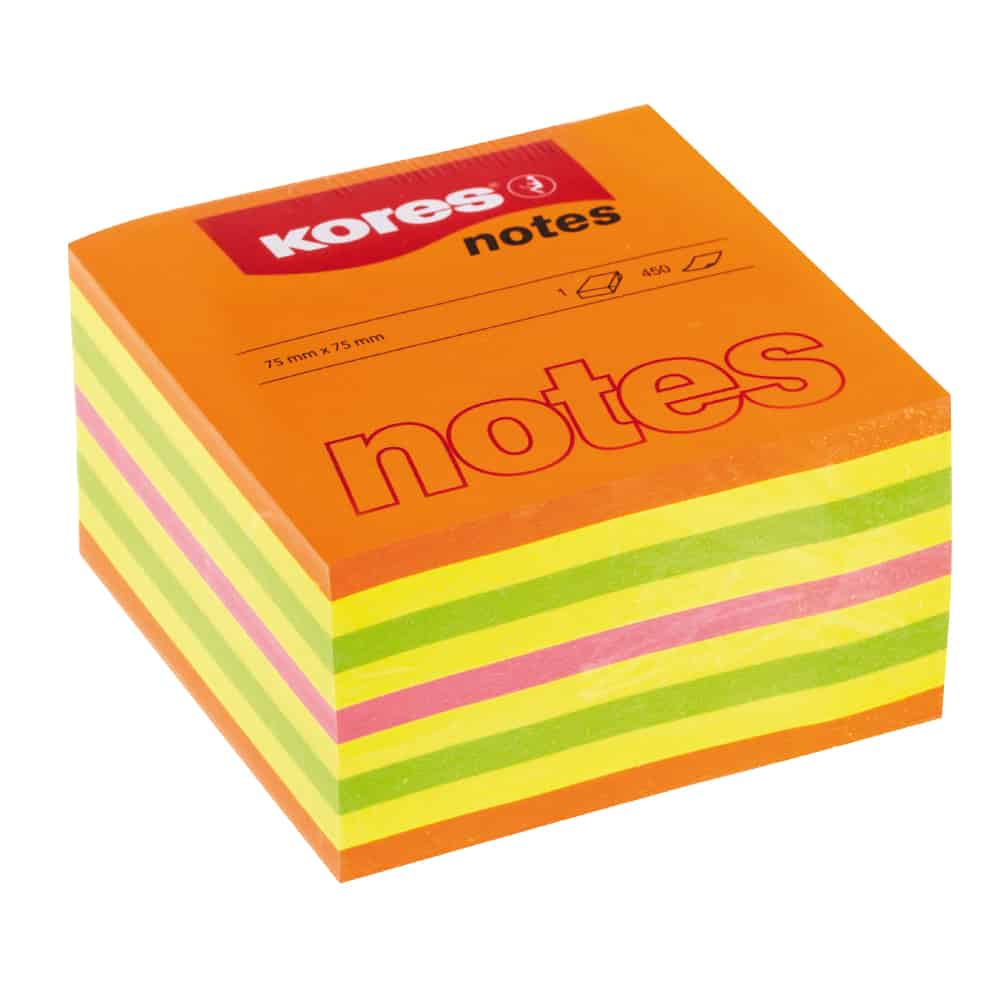 Notes autoadeziv cub, 75x75mm, 450 file/set, culori summer neon, Kores