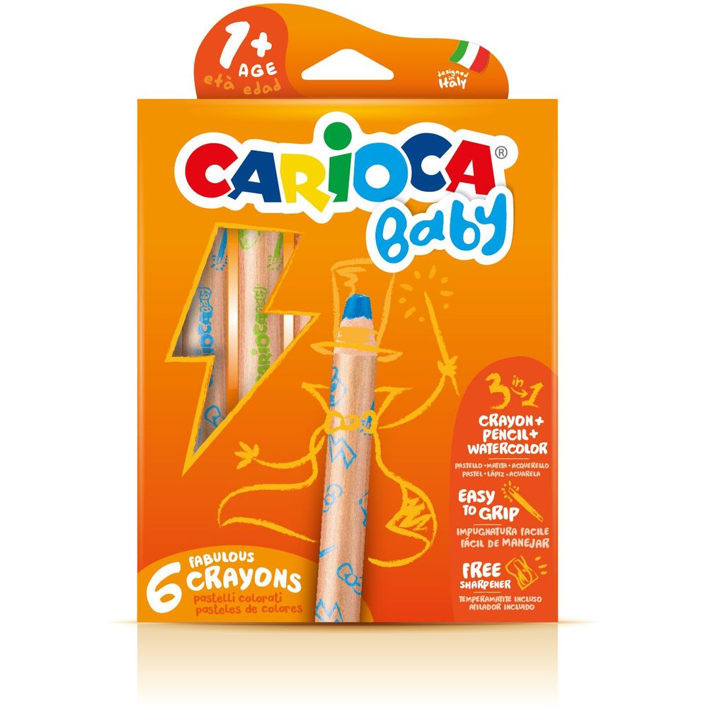 Creioane colorate CARIOCA Baby 1+, 3 in 1, 6 culori/cutie, ascutitoare inclusa
