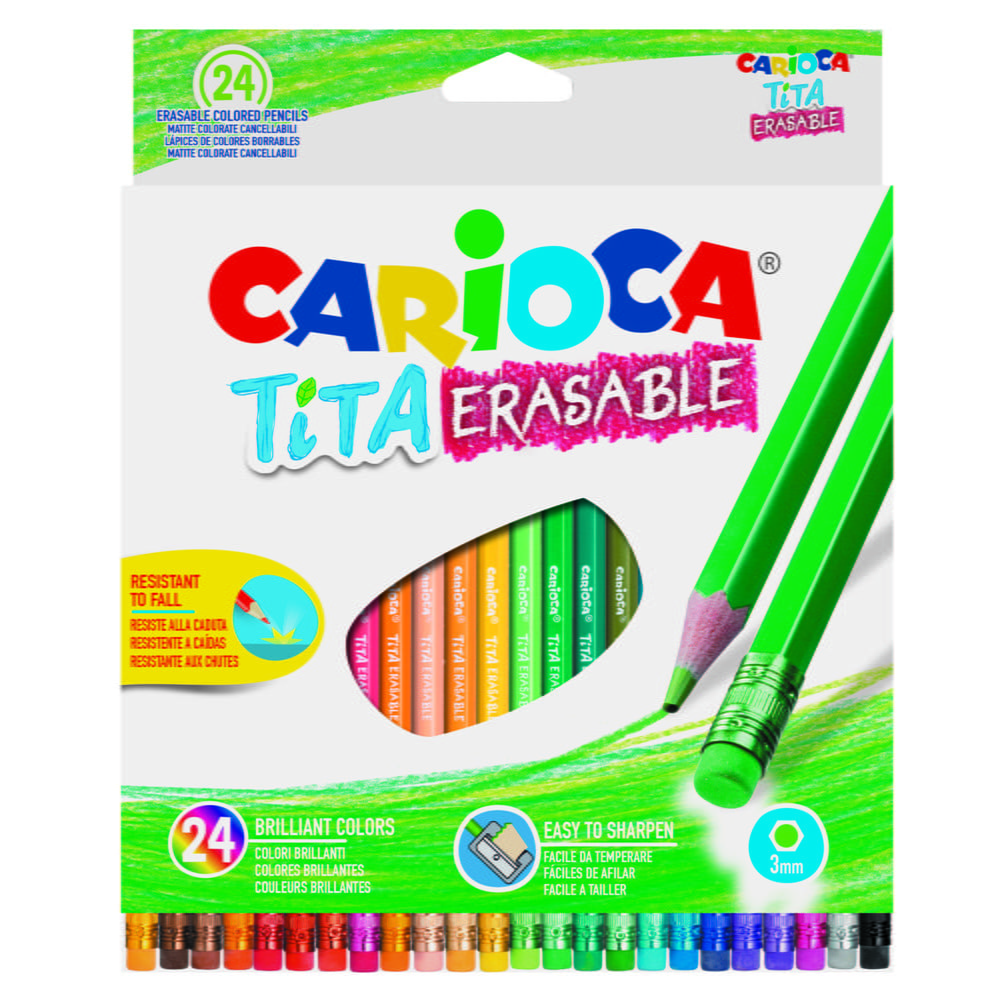 Creioane colorate CARIOCA Tita Erasable, hexagonale, flexibile, erasable, 24 culori/cutie, cu guma