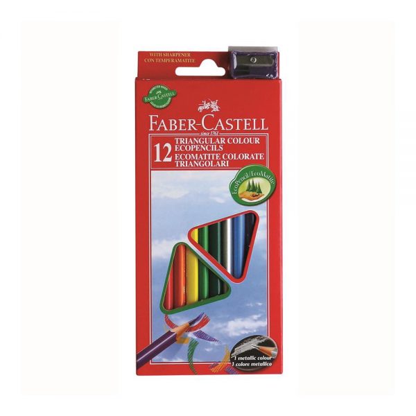 Creioane colorate triunghiulare cu ascutitoare Eco 12 culori Faber-Castell