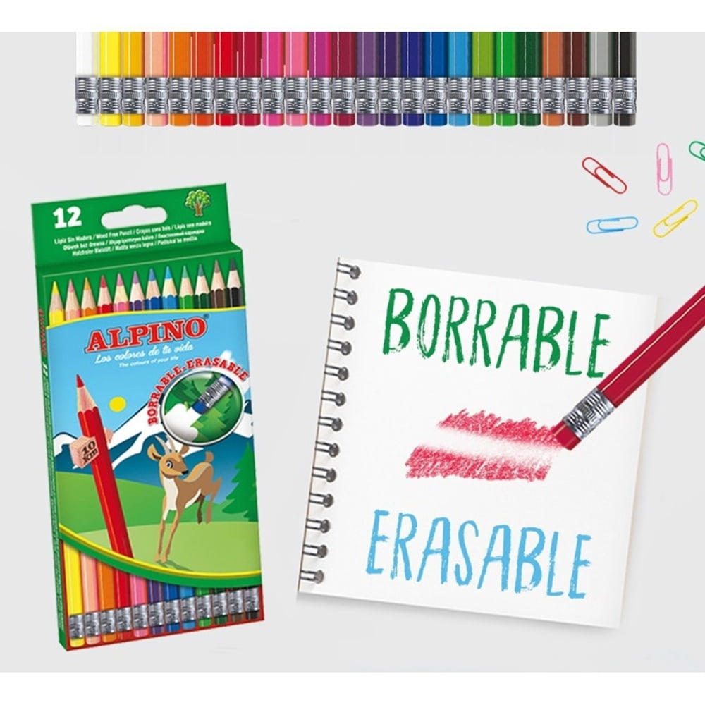 Creioane colorate cu guma, cutie carton, 12 culori/set, ALPINO Erasable