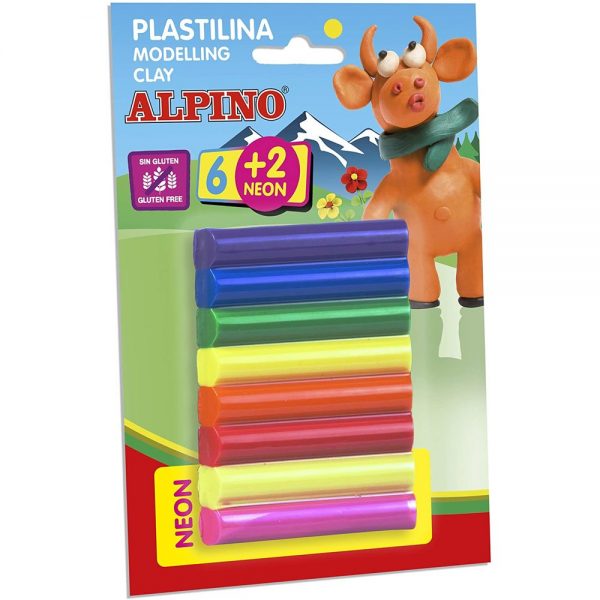 Plastilina standard 6 + 2 neon x 17 gr./blister, ALPINO - 8 culori asortate