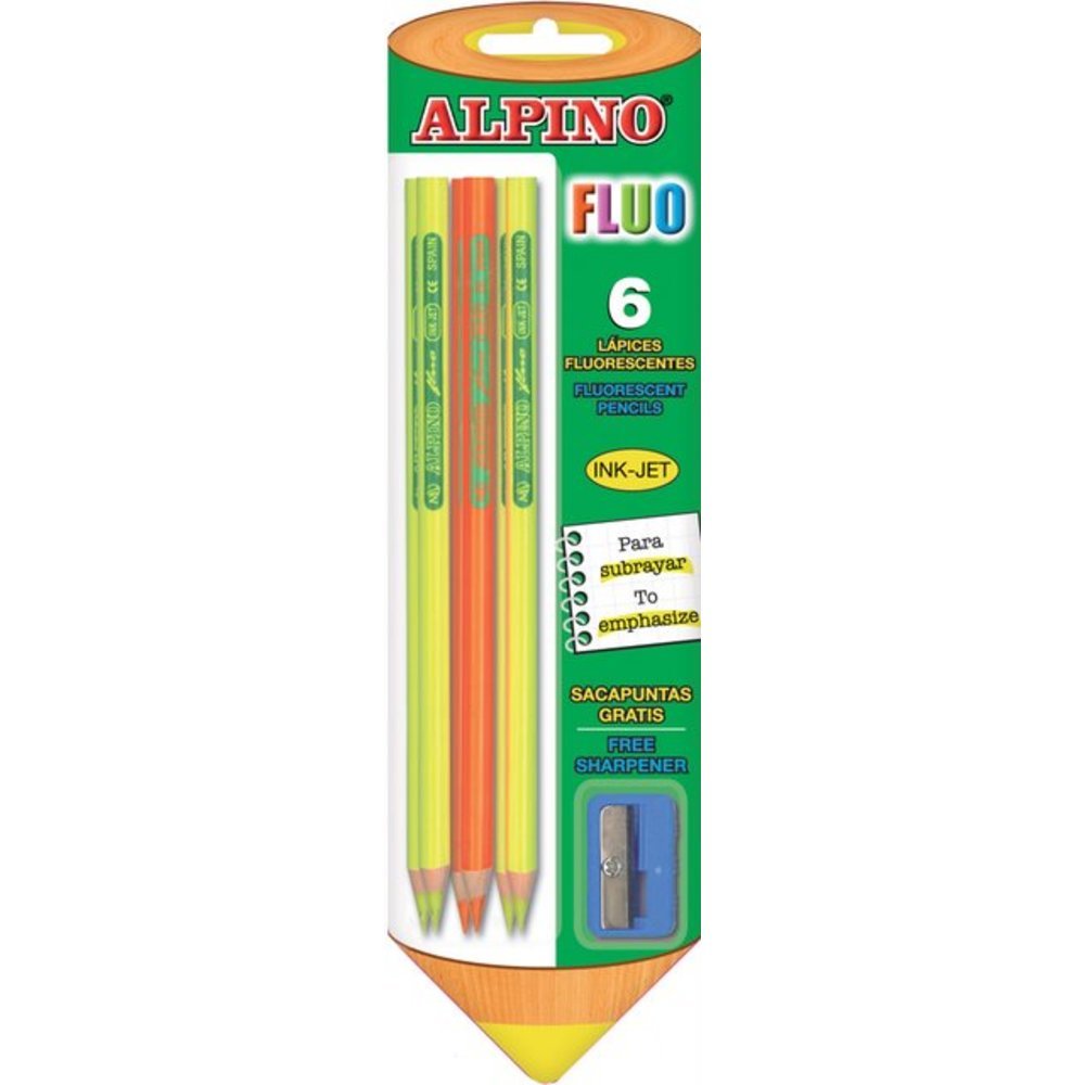 Creioane colorate fluorescente, 6 culori/blister + ascutitoare, ALPINO Fluo