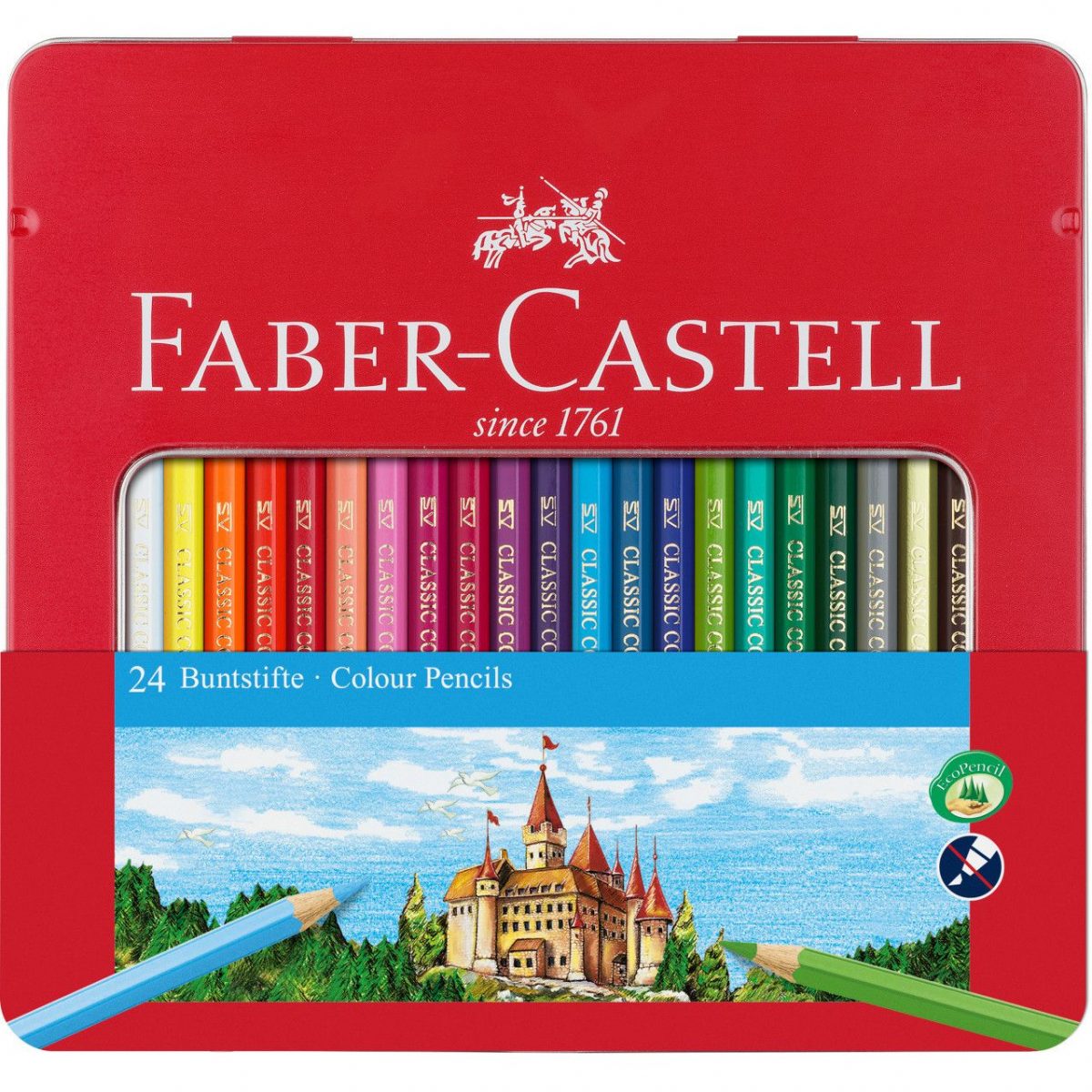 Creioane colorate 24 culori cutie metal, Faber-Castell