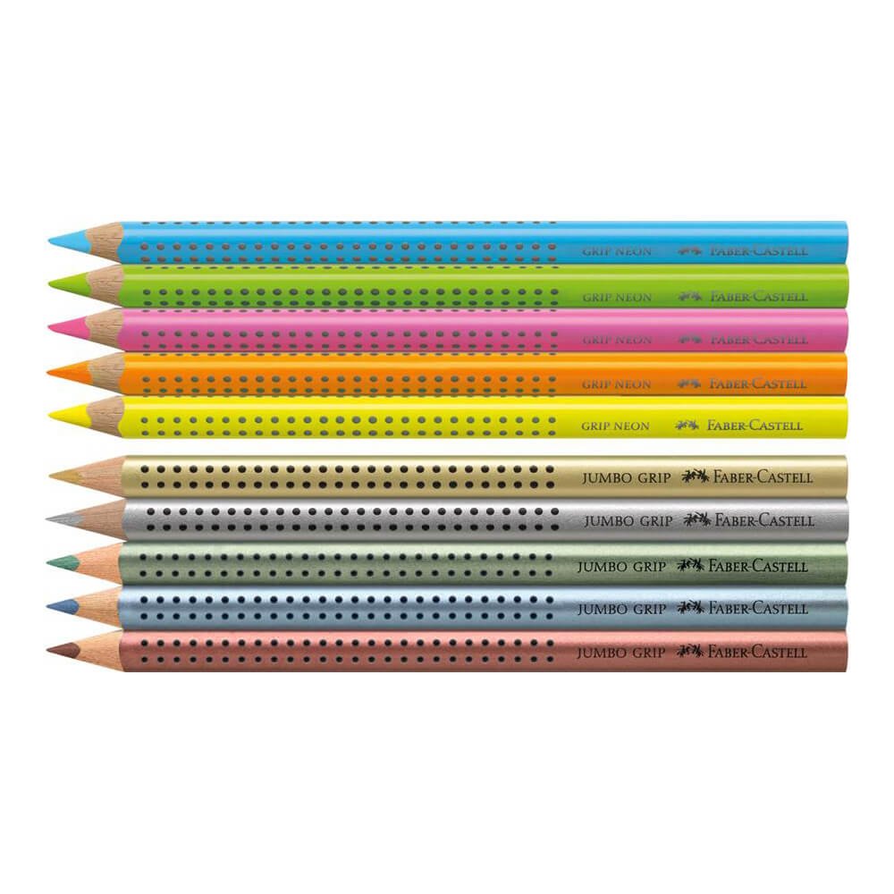 Creioane colorate mina groasa, 10 culori/set FABER-CASTELL Grip Jumbo, cutie metal