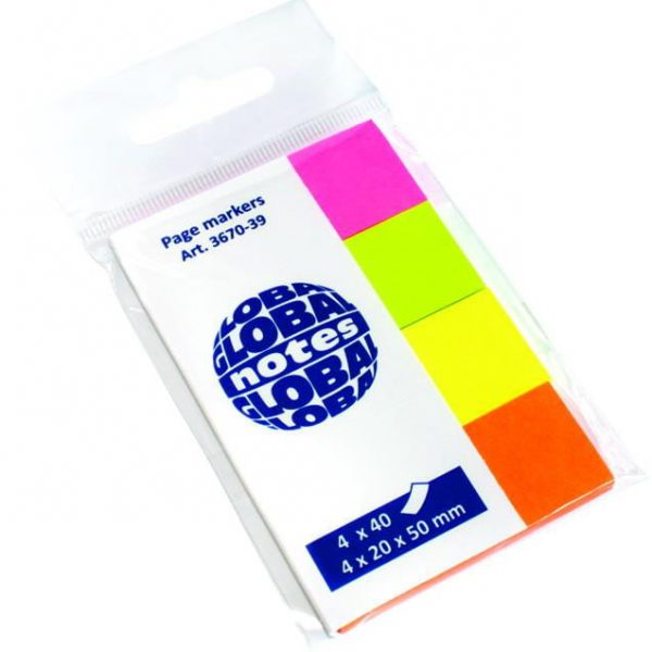 Index adeziv hartie 20x50mm, 4 culori/set, 40 file/culoare, Global Notes