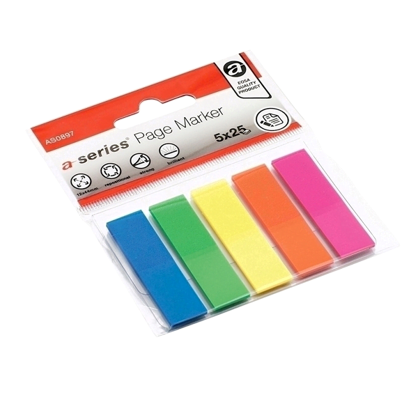 Index adeziv plastic, 12 x 44 mm, 5 culori/set, 25 file/culoare, A-series