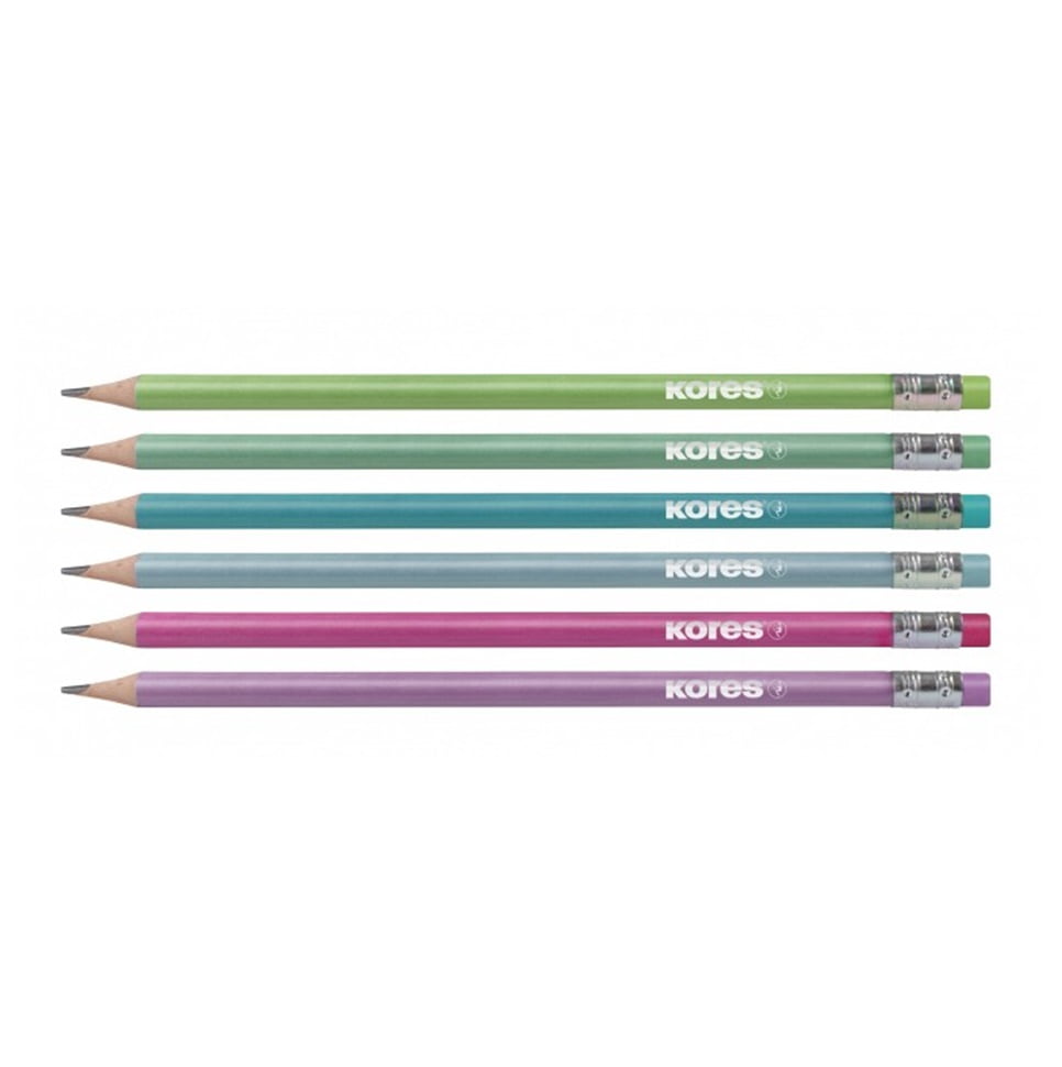 Creion HB cu radiera, 6 buc/set, KORES Metalic